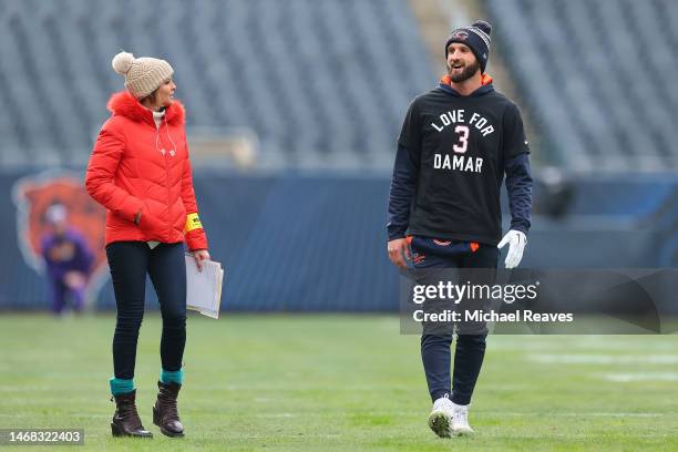 Nathan Peterman of the Chicago Bears talks with Fox Sports analyst Shannon Spake prior to the game against the Minnesota Vikings at Soldier Field on...