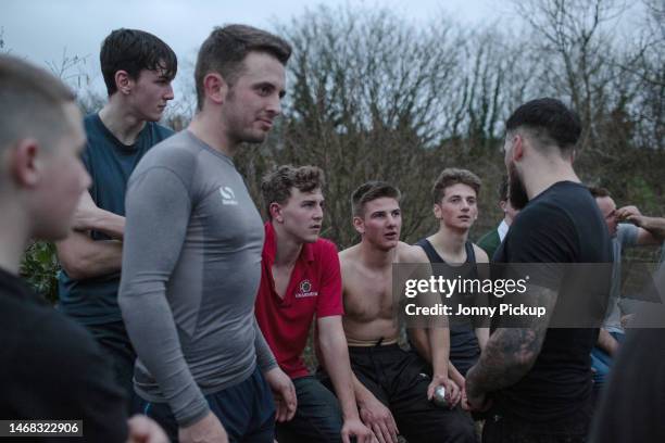 Winners celebrate getting the silver ball outside St Columb Major on February 21, 2023 in St Columb Major near Newquay,England. The ancient game of...