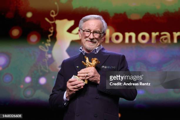 Steven Spielberg seen on stage at the "The Fabelmans" premiere & Honorary Golden Bear and homage for Steven Spielberg during the 73rd Berlinale...