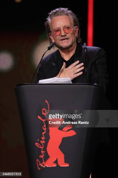 Singer and frontman Bono speaks on stage at the "The Fabelmans" premiere & Honorary Golden Bear and homage for Steven Spielberg during the 73rd...