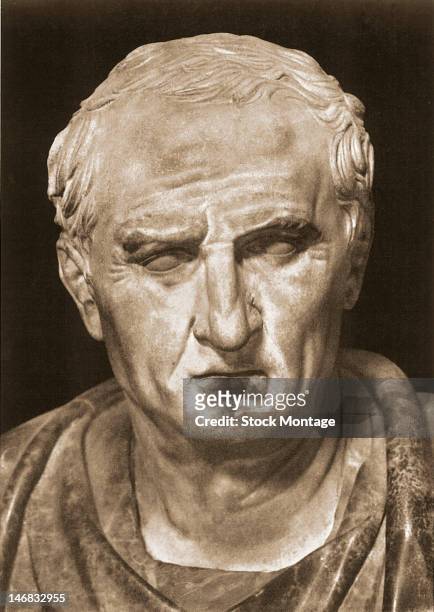 Close-up of a marble bust of Roman orator, statesman, and philosopher Marcus Tullius Cicero .