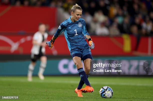 Merle Frohms of Germany runs with the ball during the Women's friendly match between Germany and Sweden at Schauinsland-Reisen-Arena on February 21,...