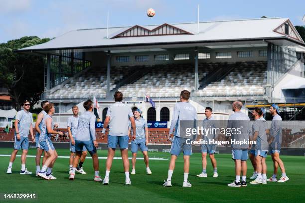Players warm up during an England Test squad training session at Basin Reserve on February 22, 2023 in Wellington, New Zealand.