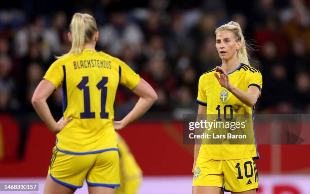 Sofia Jakobsson of Sweden looks on during the Women's friendly match between Germany and Sweden at Schauinsland-Reisen-Arena on February 21, 2023 in...