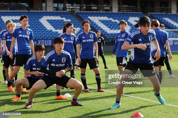 Aoba Fujino of Japan and her teammates warms up during the training session ahead of a match against Canada as part of 2023 SheBelieves Cup at Toyota...