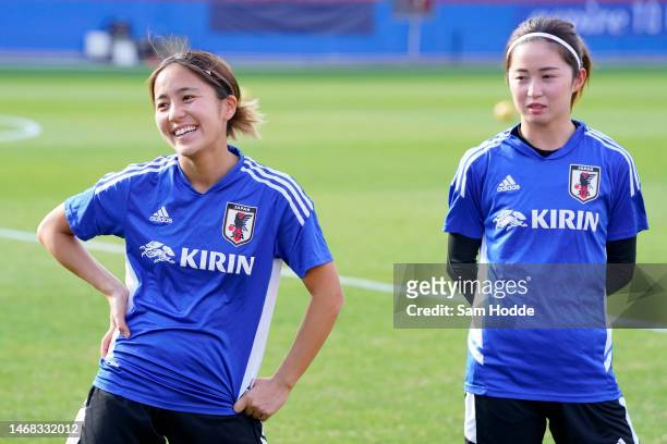 Mana Iwabuchi and Risa Shimizu of Japan train ahead of the 2023 SheBelieves Cup at Toyota Stadium on February 21, 2023 in Frisco, Texas.