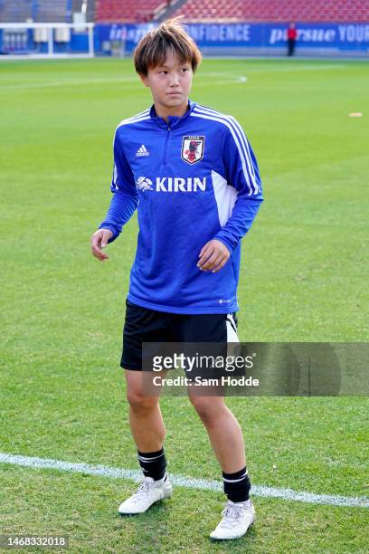 Ruka Norimatsu of Japan stands on the field during a training session ahead of the 2023 SheBelieves Cup at Toyota Stadium on February 21, 2023 in...