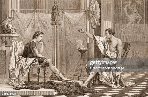 Engraving shows future Macedonia king Alexander the Great (Alexander III of Macedon, as he listens to his tutor, Greek mathematician and inventor...