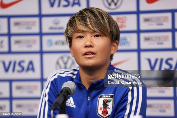Moeka Minami of Japan speaks during the press conference ahead of a match against Canada as part of 2023 SheBelieves Cup at Toyota Stadium on...