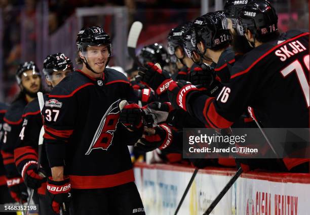 Andrei Svechnikov of the Carolina Hurricanes celebrates his first goal of the game during the first period of the game against the St. Louis Blues at...