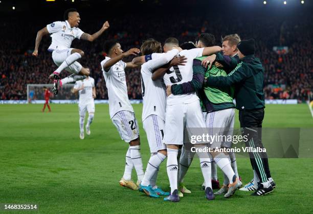 Real Madrid players celebrates after scoring a goal during the UEFA Champions League round of 16 leg one match between Liverpool FC and Real Madrid...