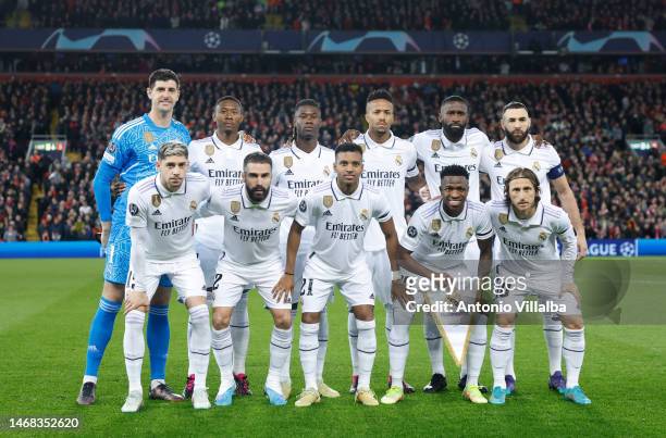 The Real Madrid starting squad pose for a group photo during the UEFA Champions League round of 16 leg one match between Liverpool FC and Real Madrid...