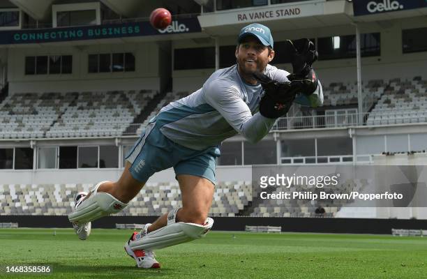 Ben Foakes of England catches a ball during an England Test squad training session before the second Test against New Zealand at Basin Reserve on...