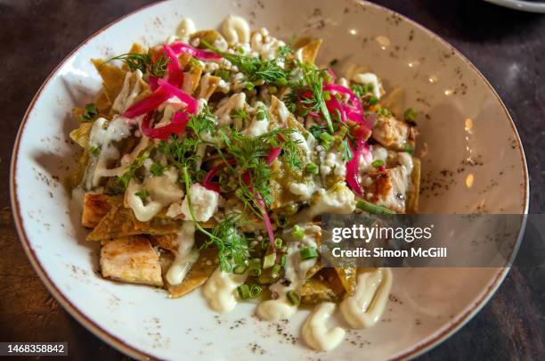 bowl of chilaquiles with salsa verde - totopos (tortilla corn chips), shredded chicken, crema, cotija cheese and lime juice pickled red onion - chilaquiles fotografías e imágenes de stock