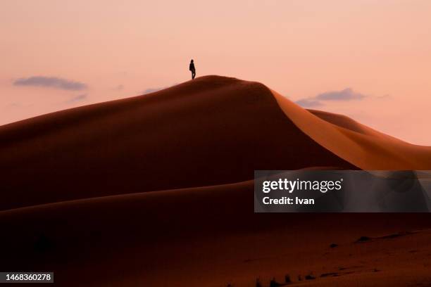 sunset of desert in golden moments with human silhouette - sand dune stock pictures, royalty-free photos & images