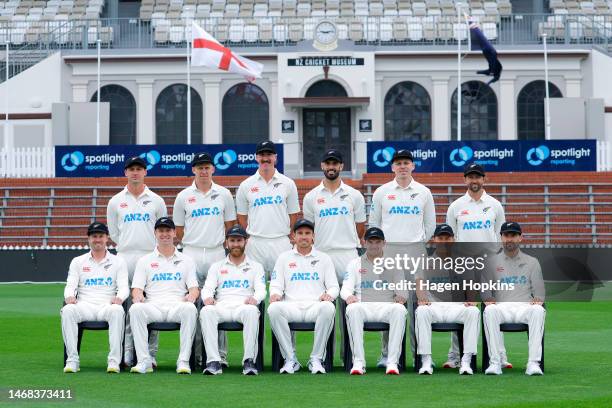 Players pose for a team photoduring a New Zealand Test squad training session at Basin Reserve on February 22, 2023 in Wellington, New Zealand.