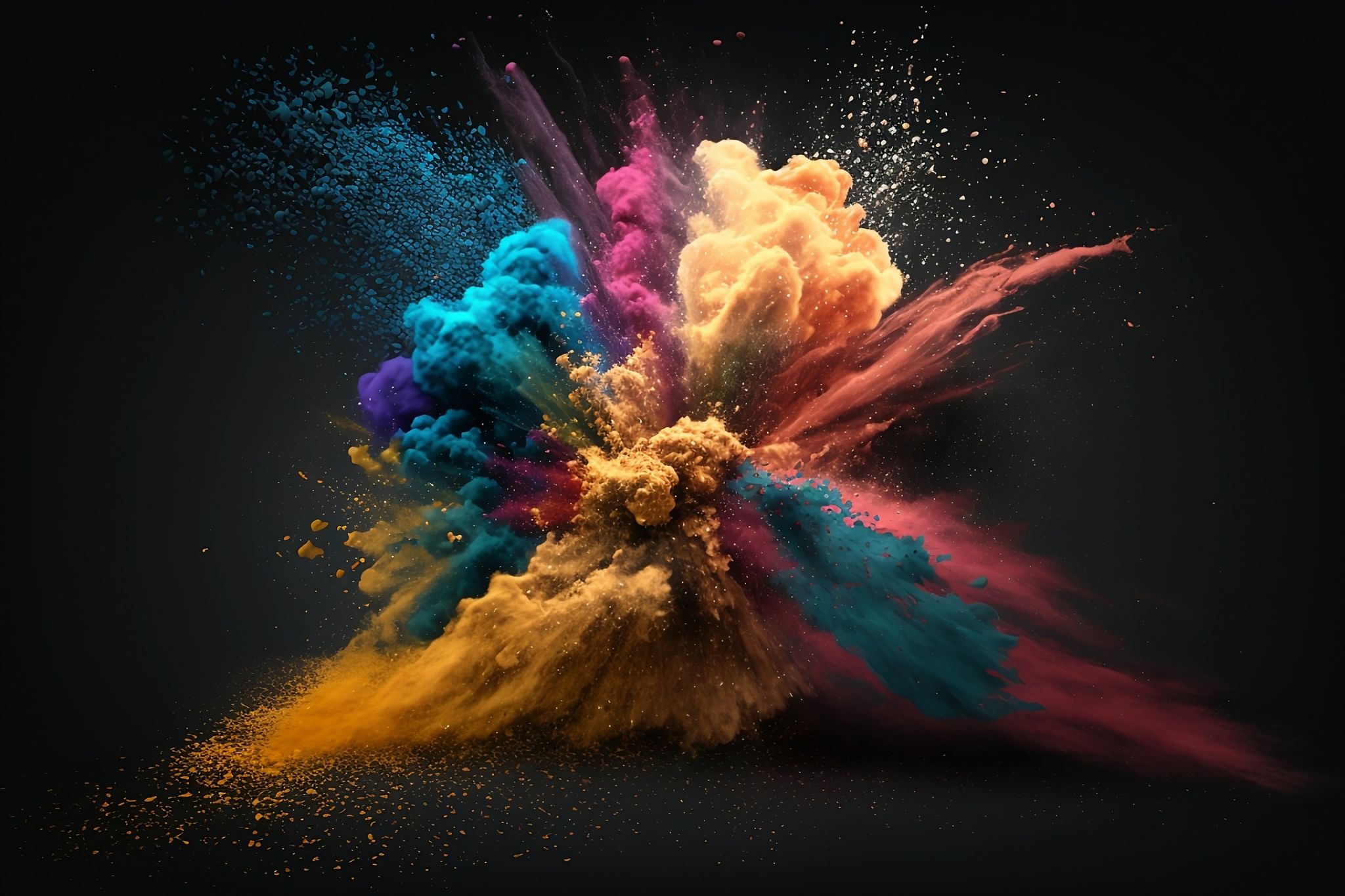 Exploding colours of dust and powder on a dark background Exploding colours of dust and powder on a dark background