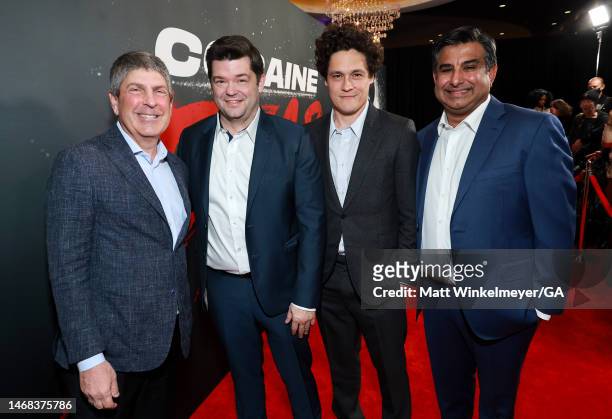 Jeff Shell, CEO, NBCUniversal, Christopher Miller, Phil Lord and Aditya Sood attend the Los Angeles premiere of Universal Pictures' "Cocaine Bear" at...