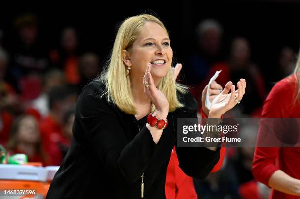 Head coach Brenda Frese of the Maryland Terrapins celebrates in the third quarter of the game against the Iowa Hawkeyes at Xfinity Center on February...