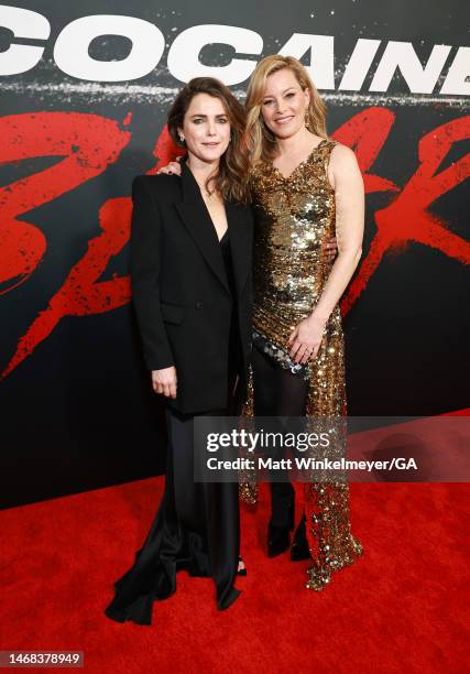 Keri Russell and Elizabeth Banks attend the Los Angeles premiere of Universal Pictures' "Cocaine Bear" at Regal LA Live on February 21, 2023 in Los...