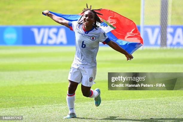 Melchie Dumornay of Haiti celebrates victory during the 2023 FIFA World Cup Play Off Tournament match between Chile and Haiti at North Harbour...