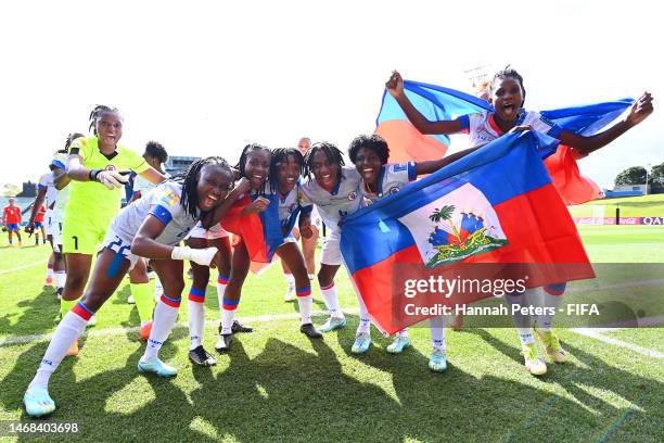 Haiti celebrate qualification for the 2023 FIFA Women's World Cup after their victory in the 2023 FIFA World Cup Play Off Tournament match between...