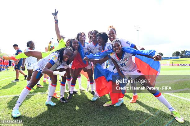 Haiti celebrate qualification for the 2023 FIFA Women's World Cup after their victory in the 2023 FIFA World Cup Play Off Tournament match between...