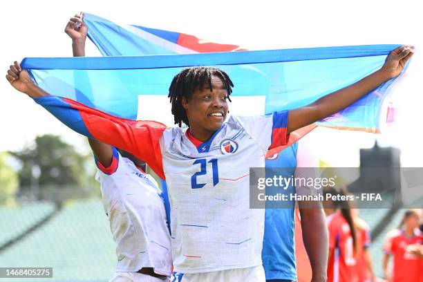 Ruthny Mathurin of Haiti celebrates victory during the 2023 FIFA World Cup Play Off Tournament match between Chile and Haiti at North Harbour Stadium...