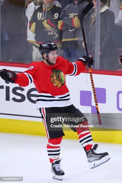 Tyler Johnson of the Chicago Blackhawks celebrates after scoring the game-winning shootout goal against Laurent Brossoit of the Vegas Golden Knights...