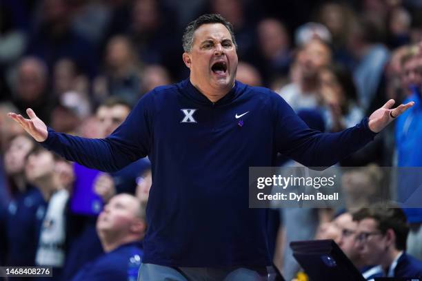 Head coach Sean Miller of the Xavier Musketeers reacts to a call in the second half against the Villanova Wildcats at the Cintas Center on February...