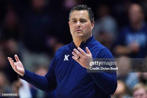 Head coach Sean Miller of the Xavier Musketeers reacts in the second half against the Villanova Wildcats at the Cintas Center on February 21, 2023 in...