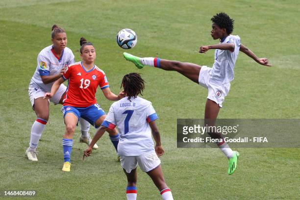 Jennyfer Limage of Haiti kicks the ball during the 2023 FIFA World Cup Play Off Tournament match between Chile and xxxx at North Harbour Stadium on...