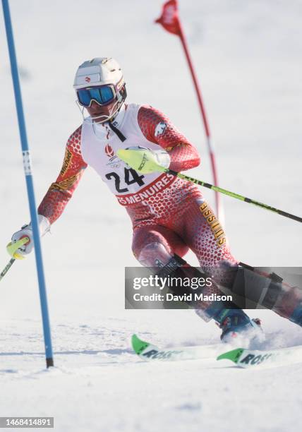 Michael von Gruenigen of Switzerland competes in the Men's Slalom skiing event of the 1992 Winter Olympic Games on February 18, 1992 at Les Menuires...