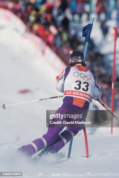 Brad King of Canada competes in the Men's Slalom skiing event of the 1992 Winter Olympic Games on February 18, 1992 at Les Menuires near Albertville,...