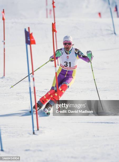 Peter Jurko of Czechoslovakia competes in the Men's Slalom skiing event of the 1992 Winter Olympic Games on February 18, 1992 at Les Menuires near...