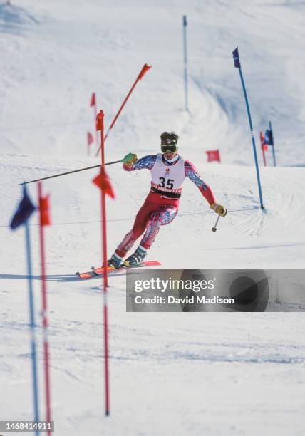 Kyle Wieche of the USA competes in the Men's Slalom skiing event of the 1992 Winter Olympic Games on February 18, 1992 at Les Menuires near...