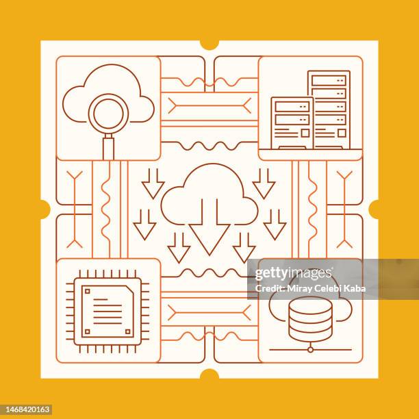 cloud hosting line icon set and banner design - secure access management process stock illustrations