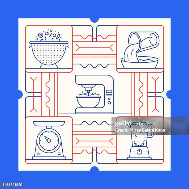 kitchen line icon set and banner design - boiling kettle stock illustrations