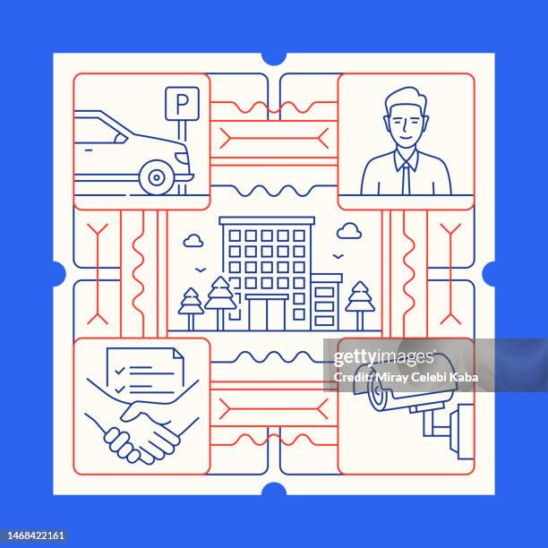 stockillustraties, clipart, cartoons en iconen met real estate line icon set and banner design - commercial real estate