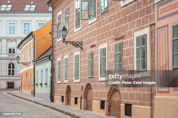 old street in the buda castle district, budapest, hungary - royal palace budapest stockfoto's en -beelden