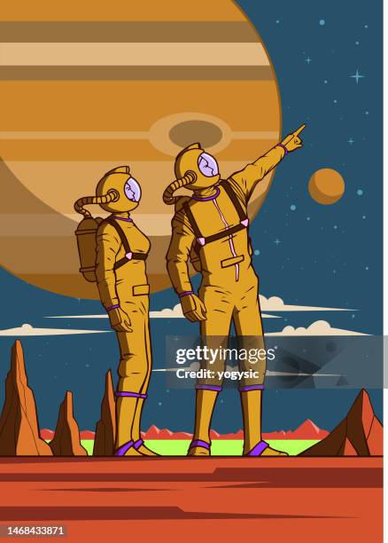 vector retro astronaut couple exploring a new planet cartoon vertical poster stock illustration - alien planet space stock illustrations