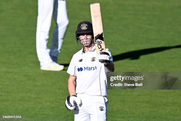 Cameron Bancroft of Western Australia celebrates scoring a half century during the Sheffield Shield match between Tasmania and Western Australia at...