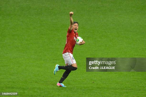 Ryota Moriwaki of Urawa Red Diamonds celebrates after scoring the team's first goal during the J.League J1 match between Urawa Red Diamonds and...