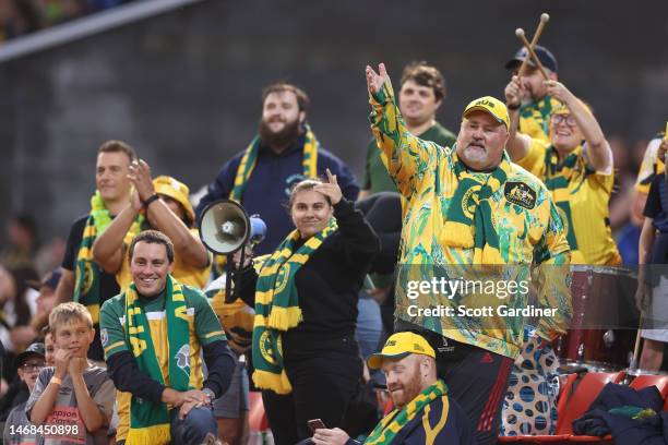 Matildas fans during the Cup of Nations match between the Australia Matildas and Jamaica at McDonald Jones Stadium on February 22, 2023 in Newcastle,...