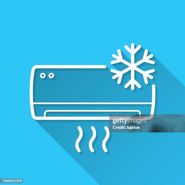 air conditioner with snowflake. icon on blue background - flat design with long shadow - blue ventilation stock illustrations