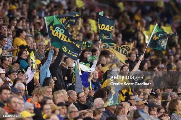 Matildas fans celebrates a goal during the Cup of Nations match between the Australia Matildas and Jamaica at McDonald Jones Stadium on February 22,...