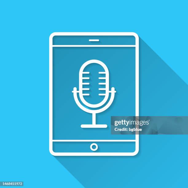 tablet pc with microphone. icon on blue background - flat design with long shadow - microphone 3d stock illustrations