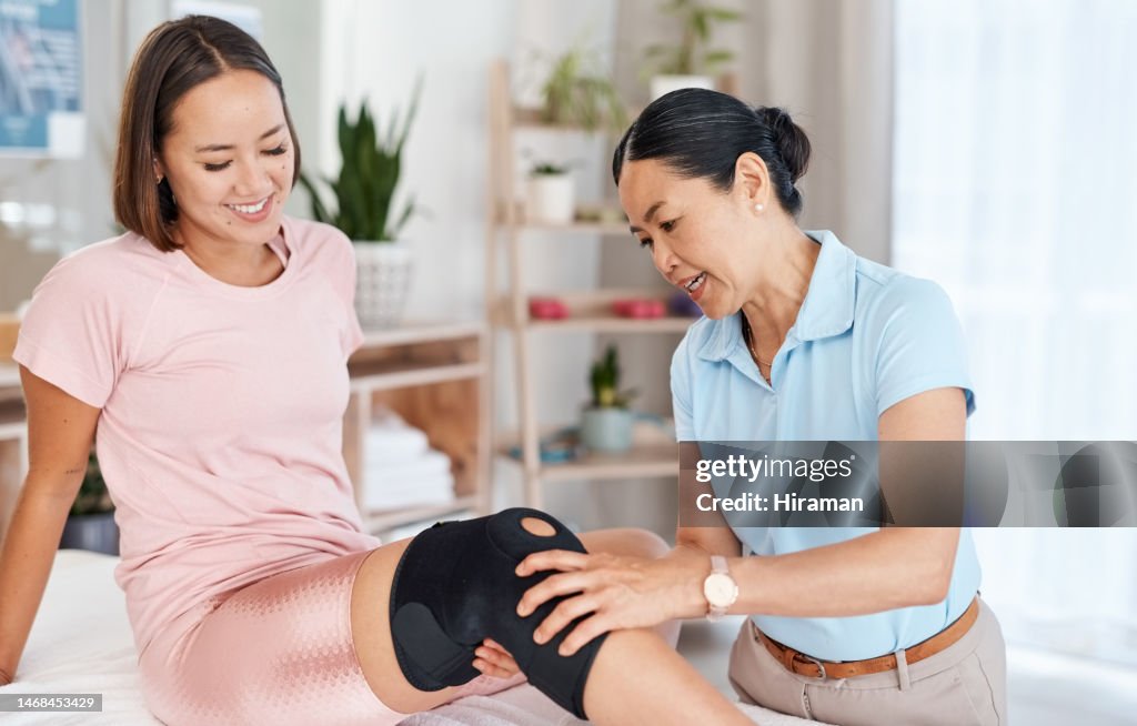 Physical therapy, leg injury and woman support in rehabilitation, consultation and muscle progress. Physiotherapy, asian physiotherapist or professional doctor support client with knee pain service
