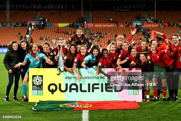 Portugal celebrate victory and qualification for the 2023 FIFA Women's World Cup during the 2023 FIFA World Cup Play Off Tournament match between...