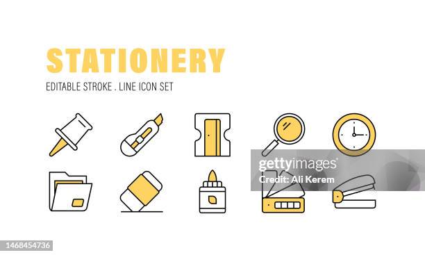 stationery, file folder, scissors, calendar, envelope icons - writing instrument stock illustrations